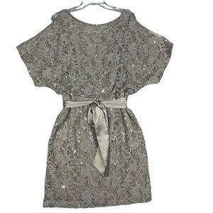 Jessica Howard Taupe Cold Shoulder Lace Sequin Elegant Dress Ribbon WaistTie Sz6